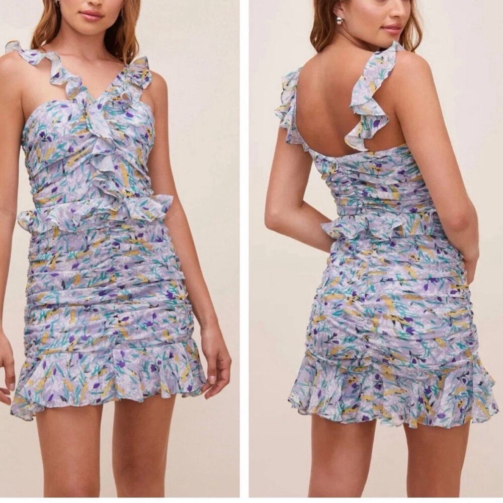 ASTR THE LABEL NWT Zinnia Ruffle Blue Yellow Floral Sheath Dress Ruched Sz M